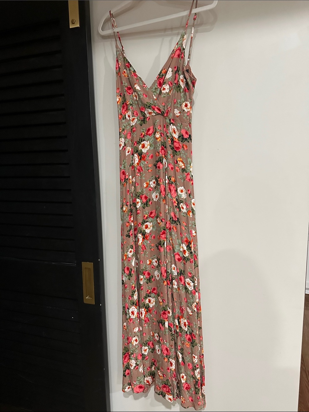 Floral V-Neck Maxi Dress in Taupe with Pink Roses
